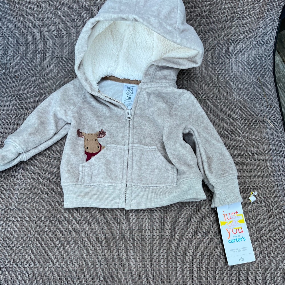 Just One You by Carters Newborn Moose Fleece Zip Up Hoodie Oatmeal Tan NB